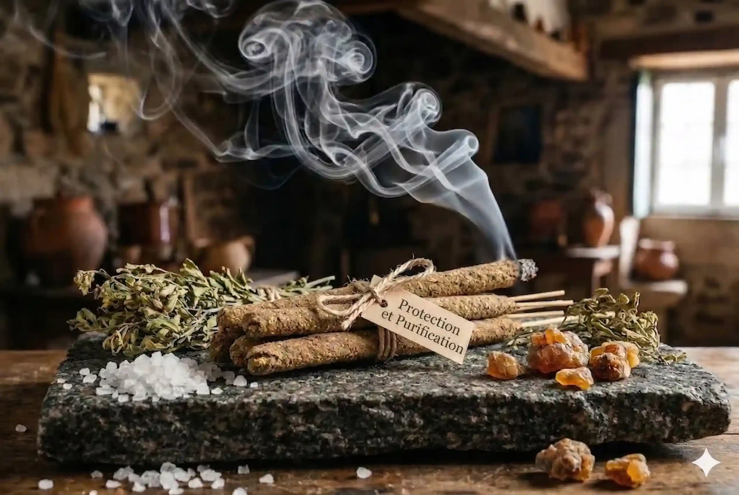 Résines et bâtons d’encens fumants sur une table d’atelier.
