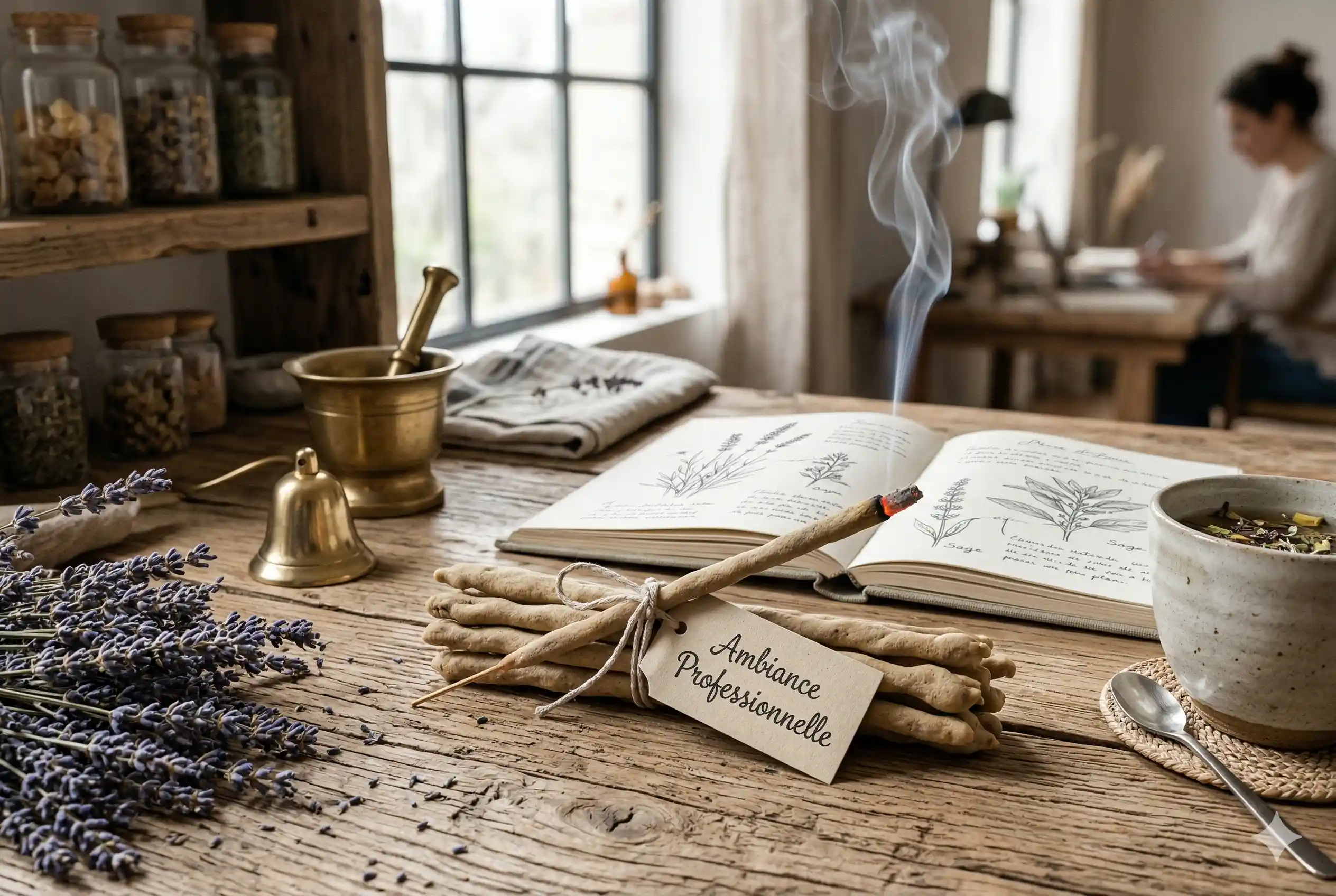 Bâtons d’encens, mortier et carnet dans un atelier.