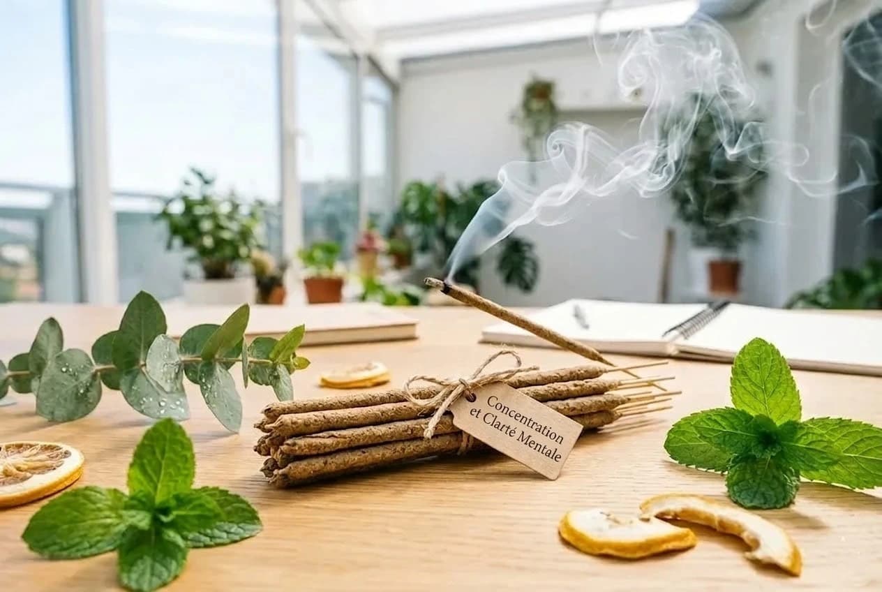 Bâtons d’encens avec des feuilles de menthe et d’eucalyptus.