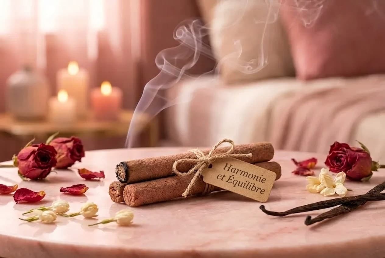 Bâtons d’encens entourés de roses séchées et de gousses de vanille.