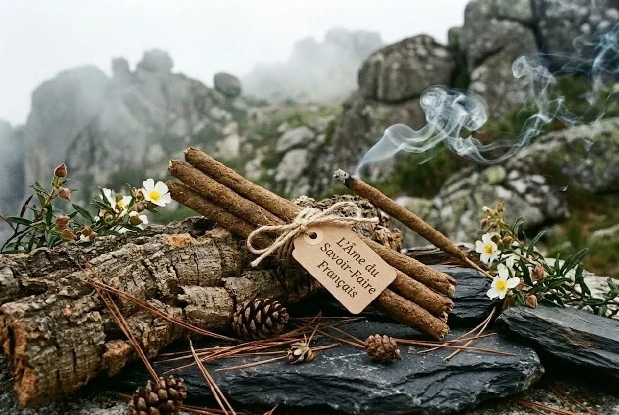 Bâtons d’encens et fleurs disposés dans un paysage rocheux.
