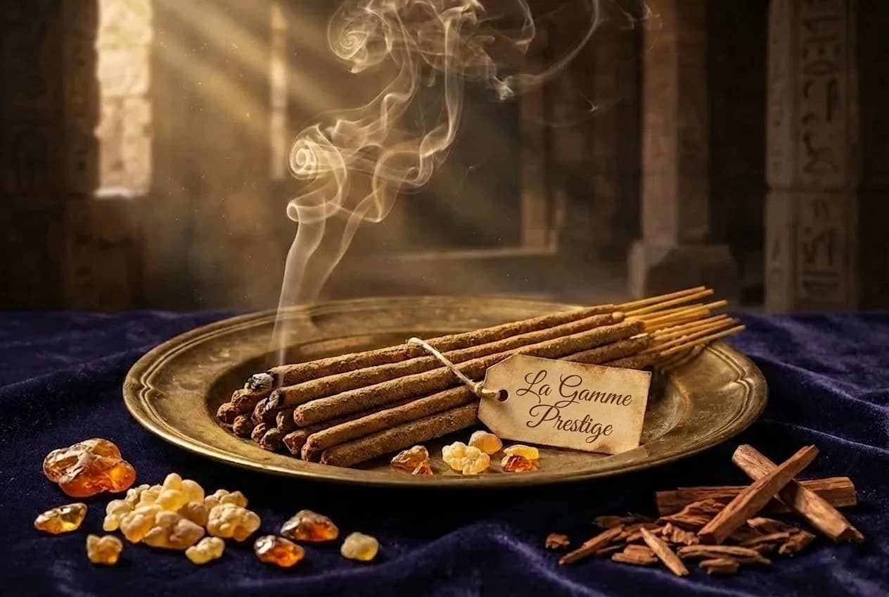 Bâtons d’encens, résines et bois sur un plateau sombre.